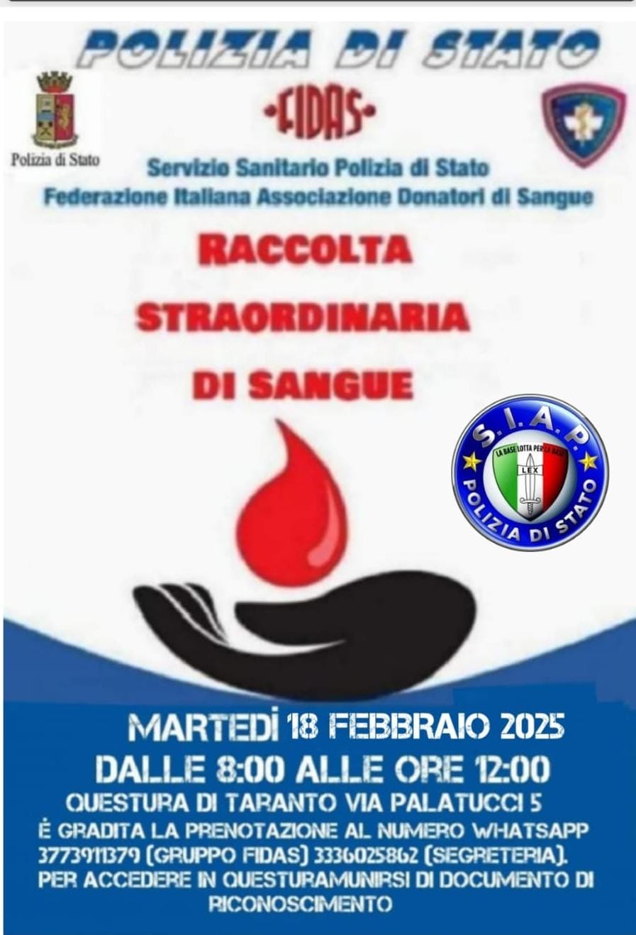 Donazione di sangue, Polizia di Stato in prima linea, Siap: “Unisciti e salva vite”